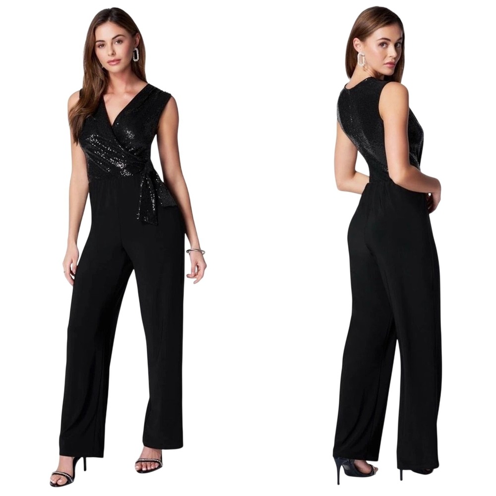 NYE Disco Bebe Sequined Sleeveless Wrap‎ Jumpsuit Wide Leg Evening Formal L NWT